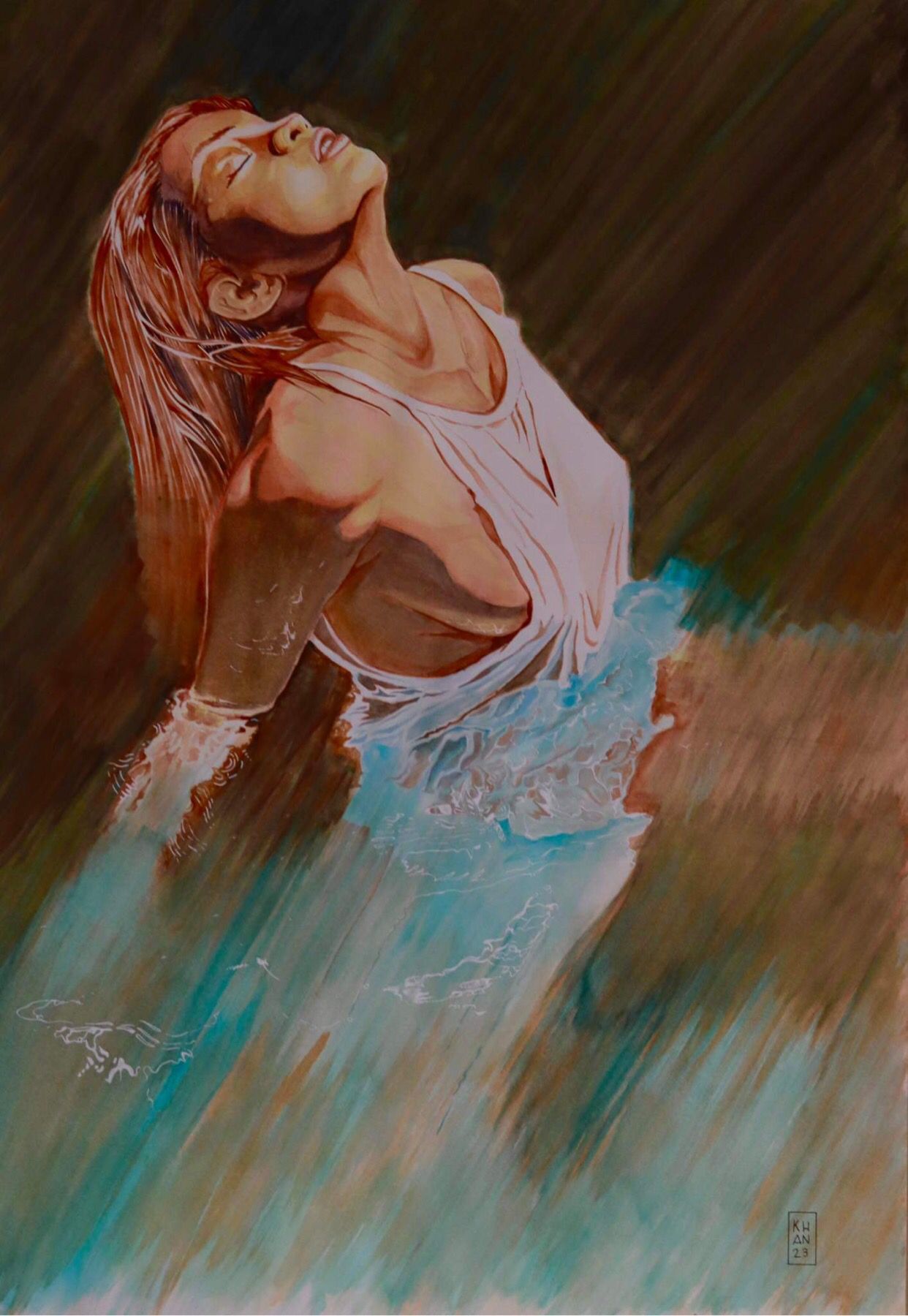watercolor woman river